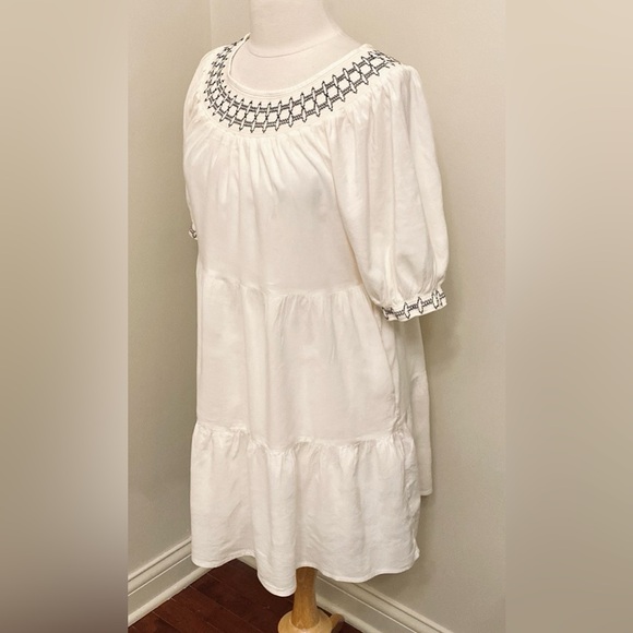 2/$30 Old Navy Cream Smocked Embroidered Short Puff Sleeves Tiered Mini Dress S - Picture 7 of 16